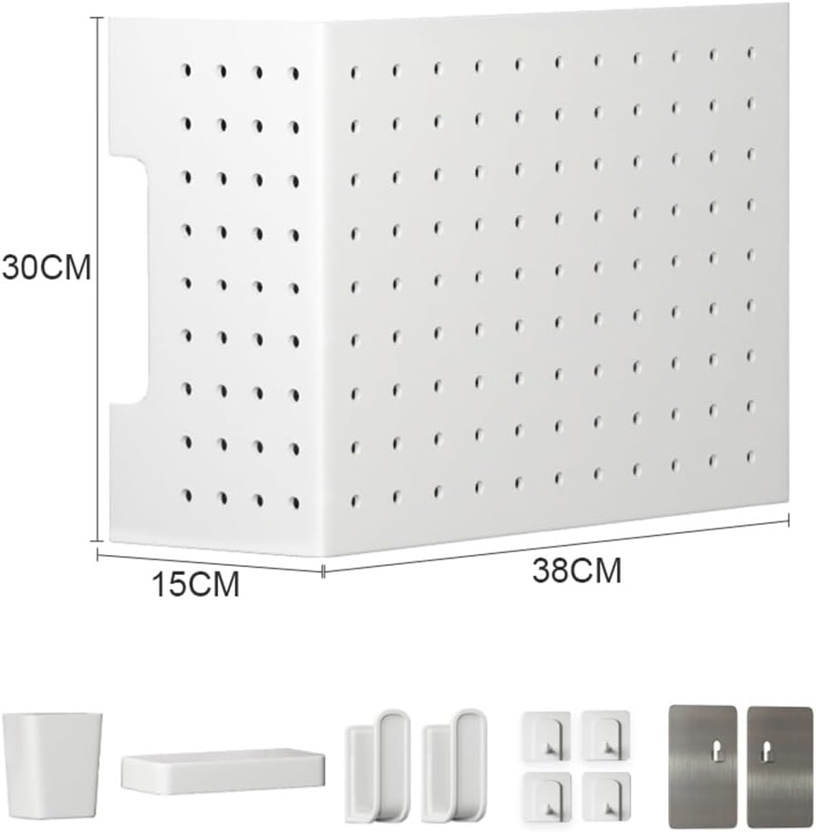  Générique Kit D'organisation De Panneau Perforé Mural, Panneau De Rangement En Métal DIY Avec Accessoires Pour La Maison Et Le Bureau, Blanc, 38x15x30cm – Solution D'affichage Mural Parfaite !