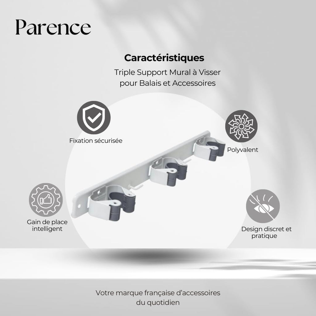  PARENCE.- Triple Support Mural à Visser Pour Balais Et Accessoires - Accroche Balai 3 Supports + 2 Crochets - 37cm)