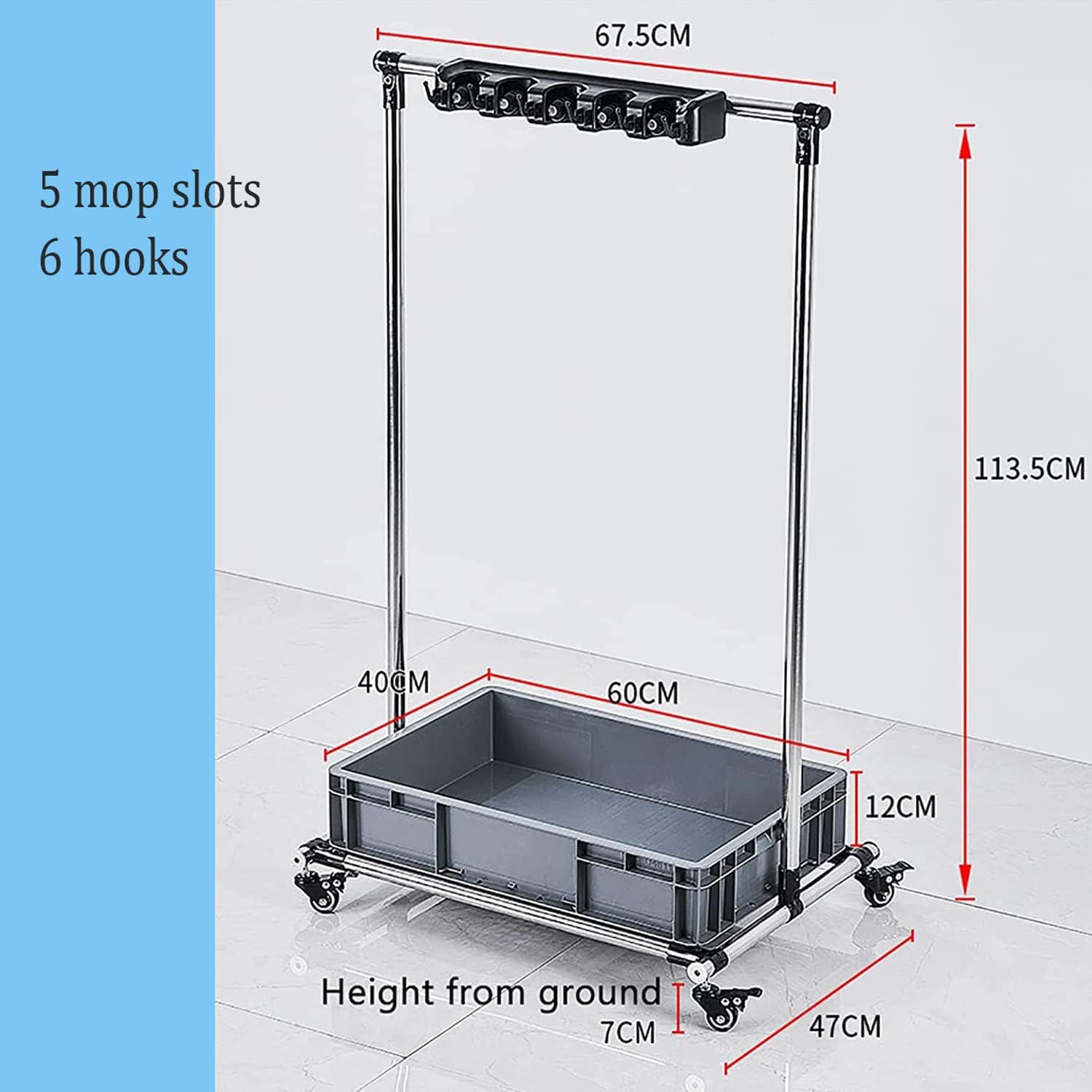 GENERIC Support De Balai, Support Mobile Pour Balai Et Balai, Support De Balai Commercial, Chariot De Nettoyage Roulant Avec Crochets Et évier, Rangement D'outils De Jardin, Pour écoles, Hôpitaux, U