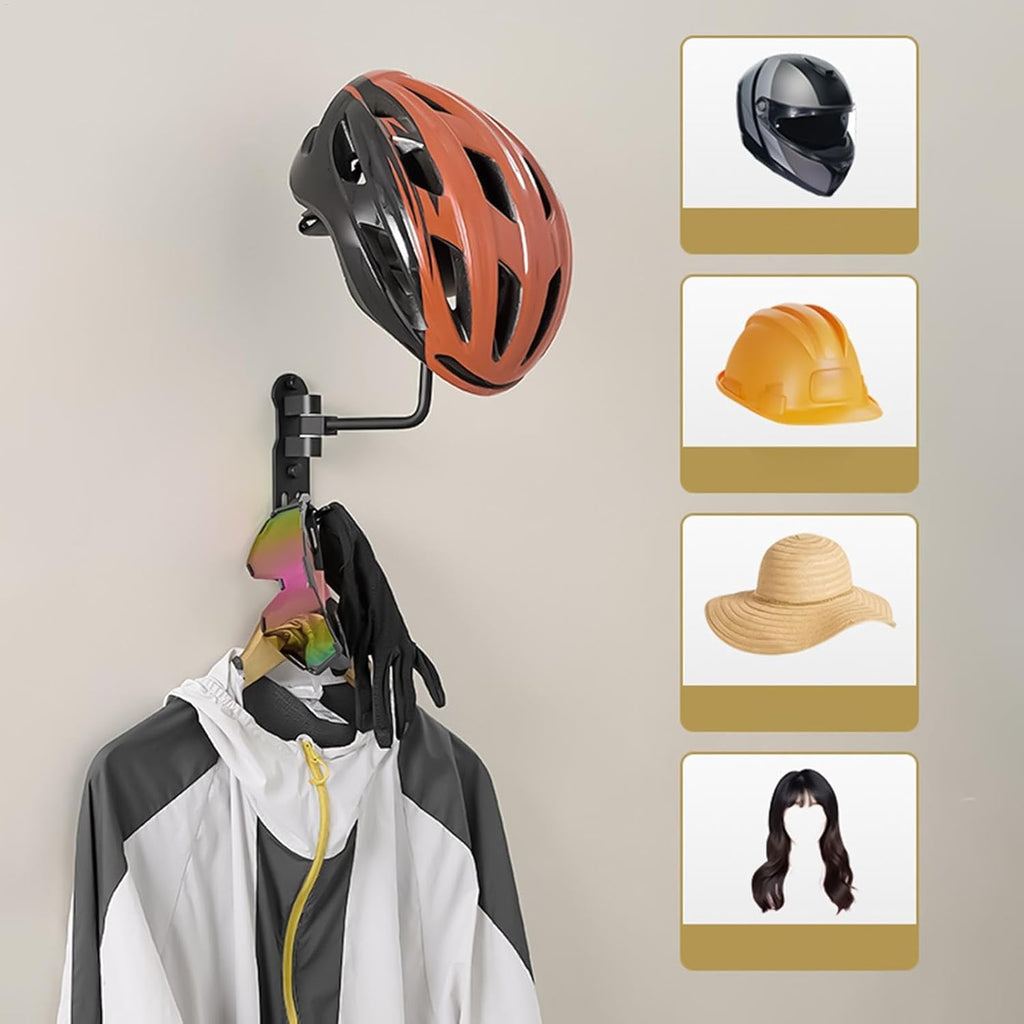  Support Mural Pour Casque De Moto, Support Pivotant à 180 Degrés Avec 3 Crochets Pour Garage, Entrée Ou Zone De Rangement, 35 Cm, 460 G, Noir, D'aluminium