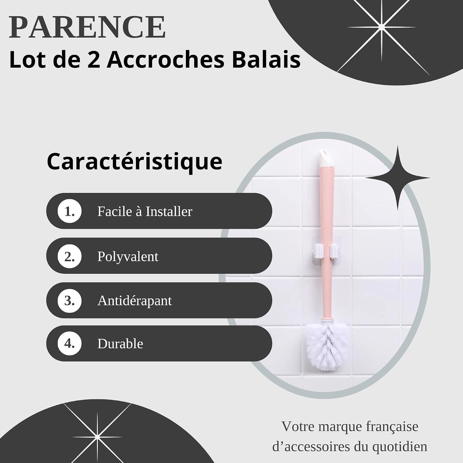  PARENCE.- Lot De 4 Accroches Balais Mural Avec Adhésif - Portes Balais Muraux Sans Perçage - Accessoires De Rangement Pour Maintenir L'Ordre Dans Vos Pièces - 2 Pièces
