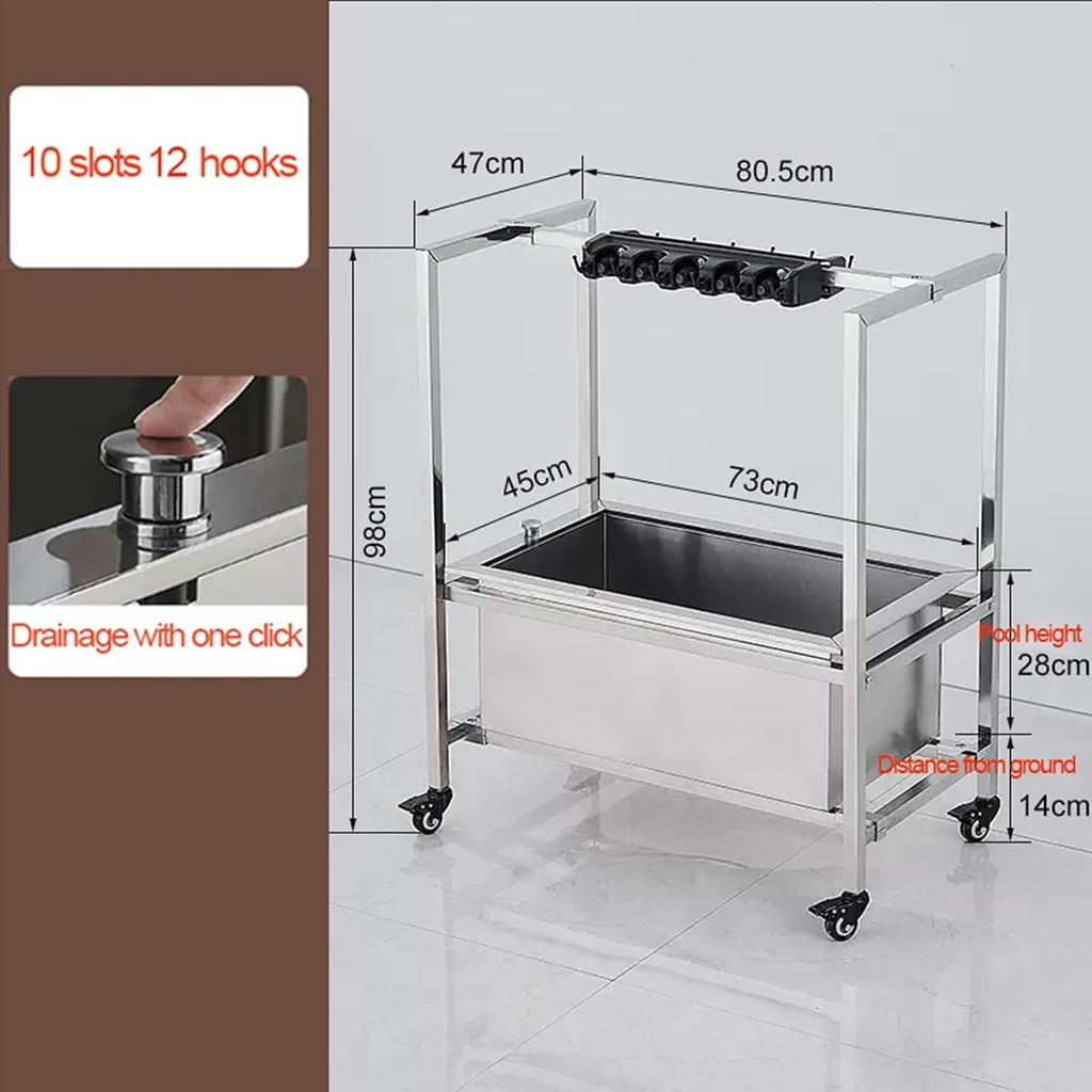 GENERIC Support Pour Balai Et Chariot à Outils De Nettoyage Avec 10 Emplacements, Support De Rangement Mobile Pour Parapluie, Accoudoirs Et Bouton De Vidange, Idéal Pour Un Usage Domestique Et Commercial