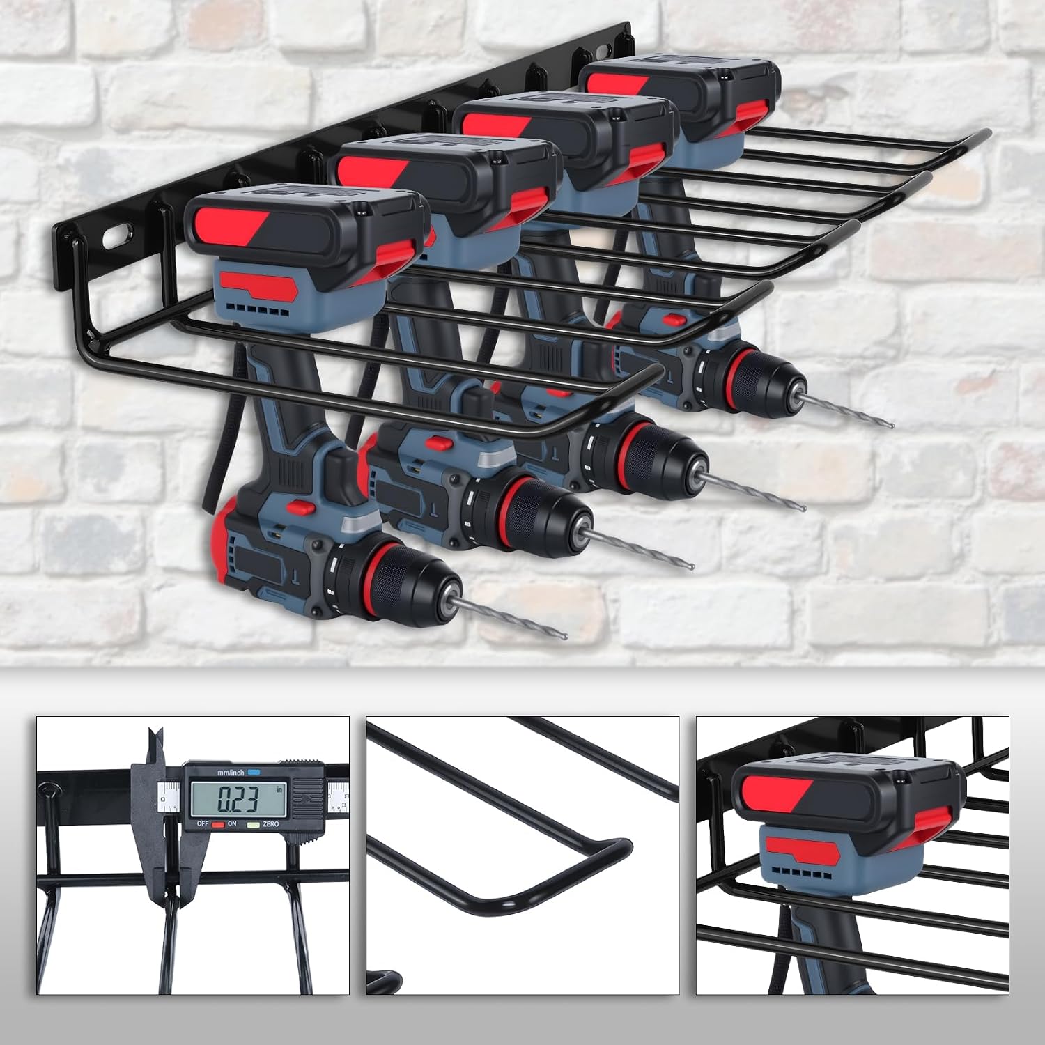  WellMade Lot De 2 Supports Muraux Pour Outils électriques, Porte-perceuse, Support Mural En Acier Noir Pour Garage, Peut Contenir 4 Outils, Capacité De 36,3 Kg, Facile à Installer Avec Vis Et