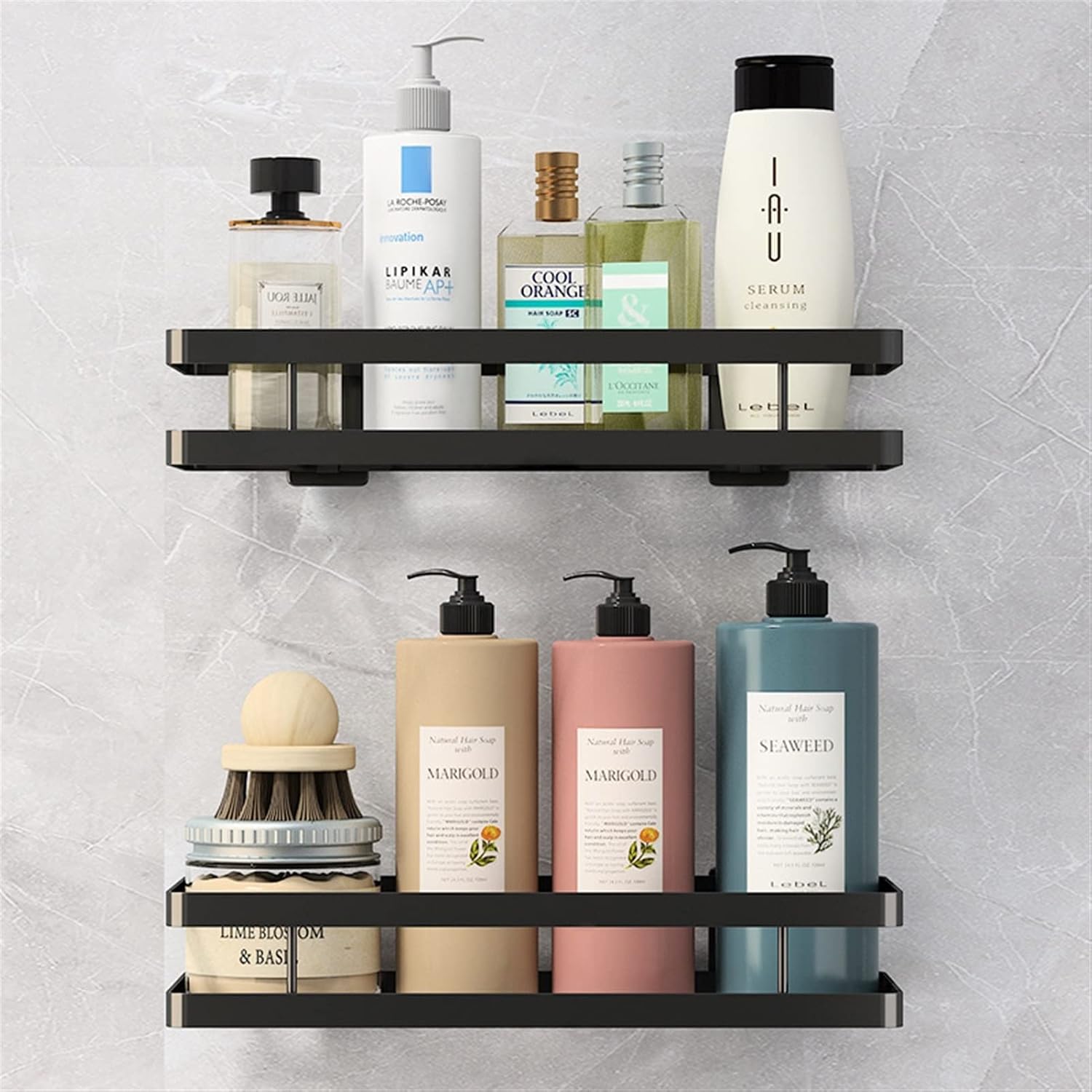  Espace De Salle De Bain Espace étagère Aluminium Noir Storage Porte-baignoire Tablette De Douche 20-50cm Cuisine Shampooing Toilette Shampooing Shampooing Sans Forage Étagères Flottantes Murales