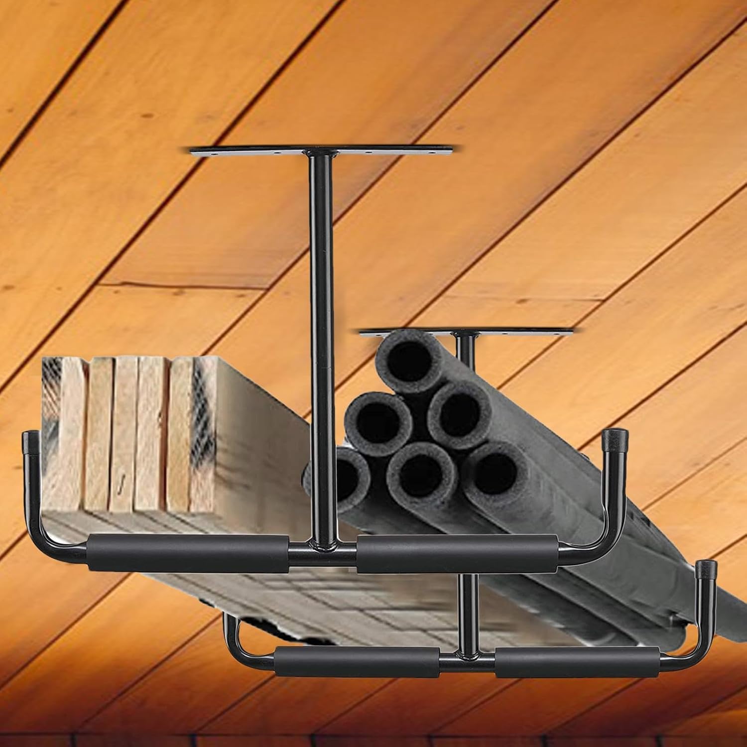  Générique Racks De Rangement Pour Plafond De Garage - 2 Pièces Organisateur En Métal Robuste,Crochets Suspendus Pour Garage,Pour Vélo, Échelle, Bois, Pelles, Perches, Cannes À Pêche, Skis, Sous-Sol,