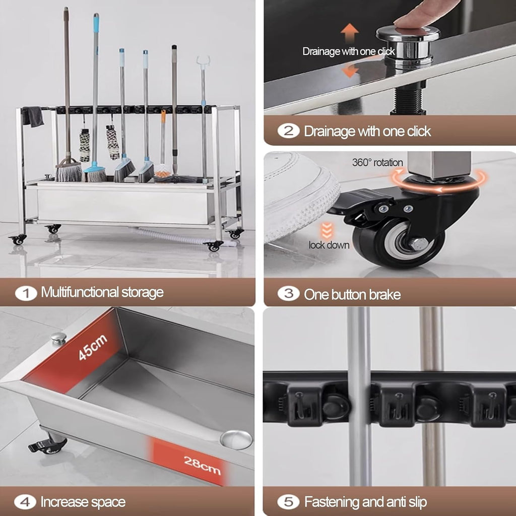 GENERIC Support Pour Balai Et Chariot à Outils De Nettoyage Avec 10 Emplacements, Support De Rangement Mobile Pour Parapluie, Accoudoirs Et Bouton De Vidange, Idéal Pour Un Usage Domestique Et Commercial