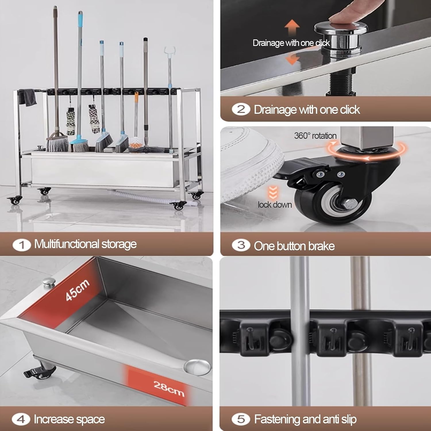 GENERIC Support Pour Balai Et Chariot à Outils De Nettoyage Avec 10 Emplacements, Support De Rangement Mobile Pour Parapluie, Accoudoirs Et Bouton De Vidange, Idéal Pour Un Usage Domestique Et Commercial