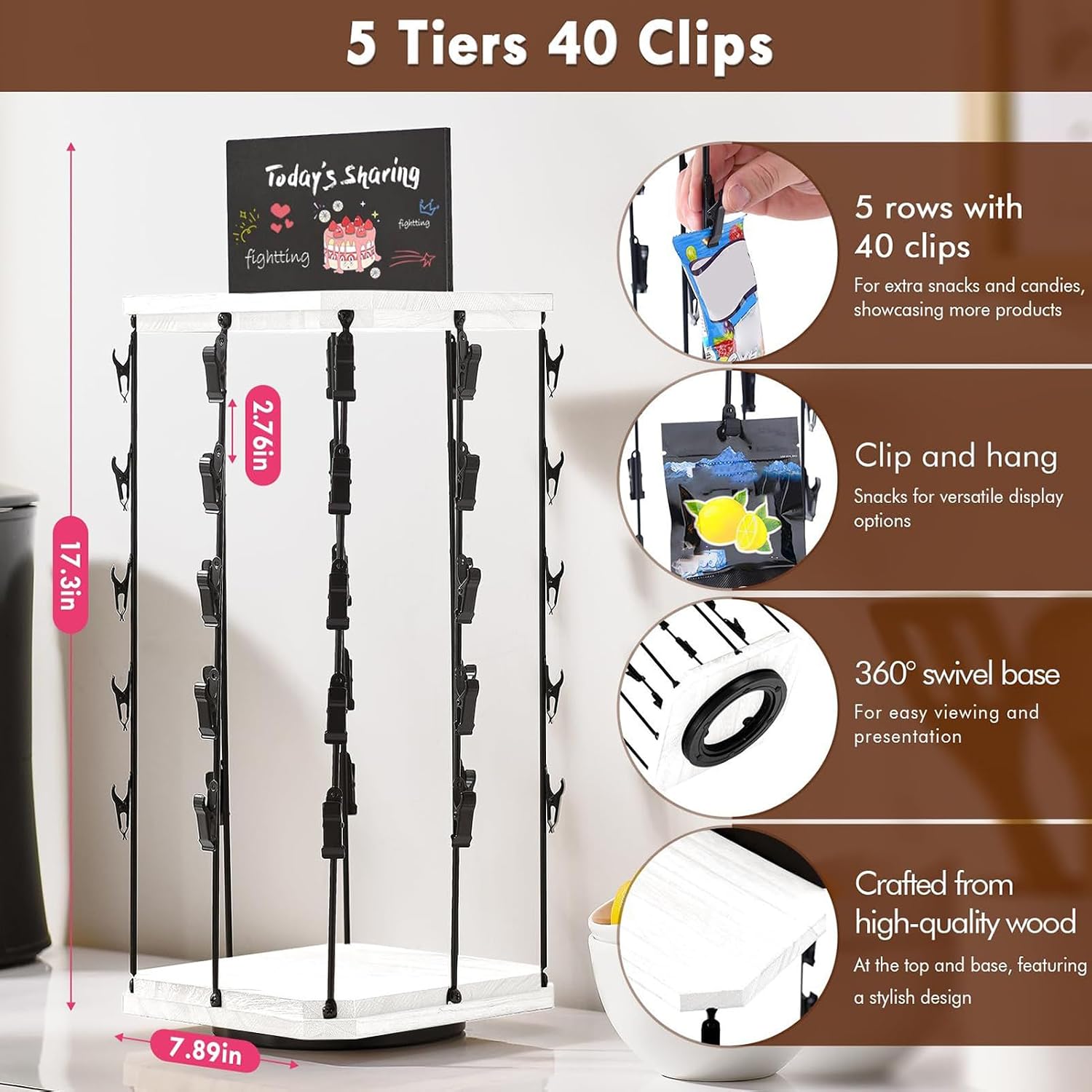  Présentoir à Chips - Support À Chips Organisateur Avec Porte-Étiquettes - Support Tournant 360° Avec Tableau D'Affichage, Base En Bois Organisateur De Stockage Alimentaire Pour Bonbons Et Maison