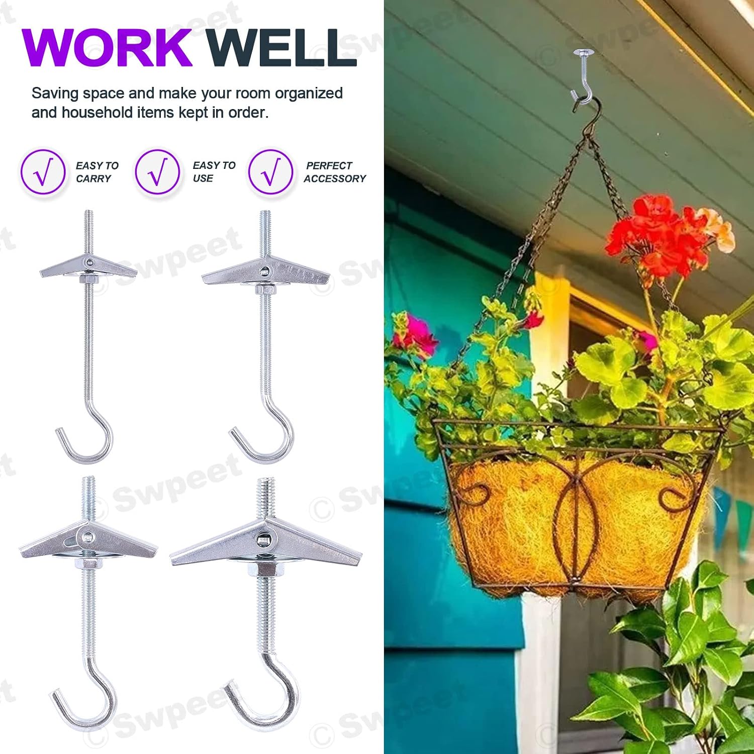  Swpeet Lot De 20 Crochets De Plafond, 4 Tailles En Acier Robuste à Bascule, Boulons à Ailettes Pour Fixation Murale, Crochets De Plafond Pothook Swag Pour Suspendre Des Plantes, Installation Au