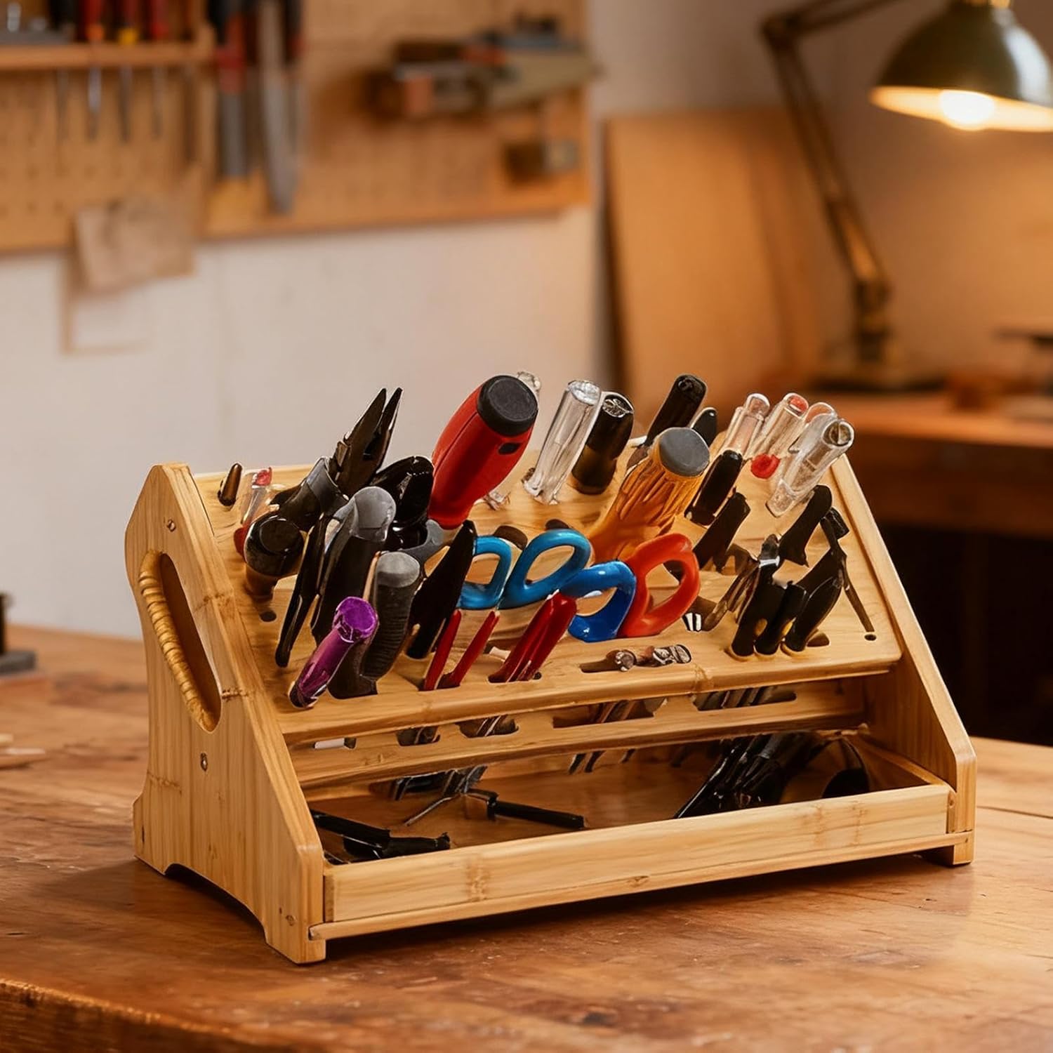GENERIC Support De Tournevis, Support De Rangement En Bois à 53 Trous Avec Plateau | Organiseur D'outils De Bureau – Pour Réparation De Loisirs, étagère De Bureau, Panneau Perforé, Garage, Camion, Remorque