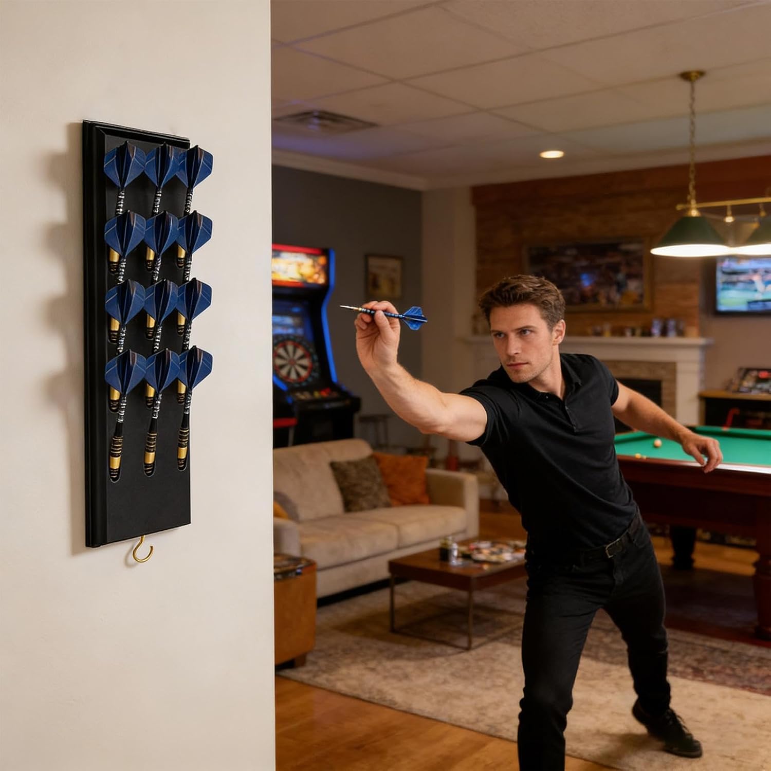 GENERIC Présentoir De Fléchettes En Bois, Support De Rangement Mural, 40 X 10 X 2 Cm, Avec Trous De Précision, Organisateur De Jeu Peu Encombrant, Bois Naturel Avec Design, Accessoire De Divertissement Pour