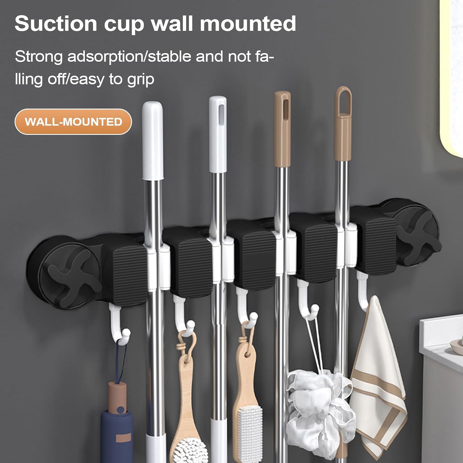 GENERIC Support Mural Pour Balai Et Serpillère | Support De Rangement Mural à Ventouse | Support Pour Fournitures De Nettoyage Pour Outils De Jardin, Commercial, Industriel, Appartement, Pelle à Chiffons