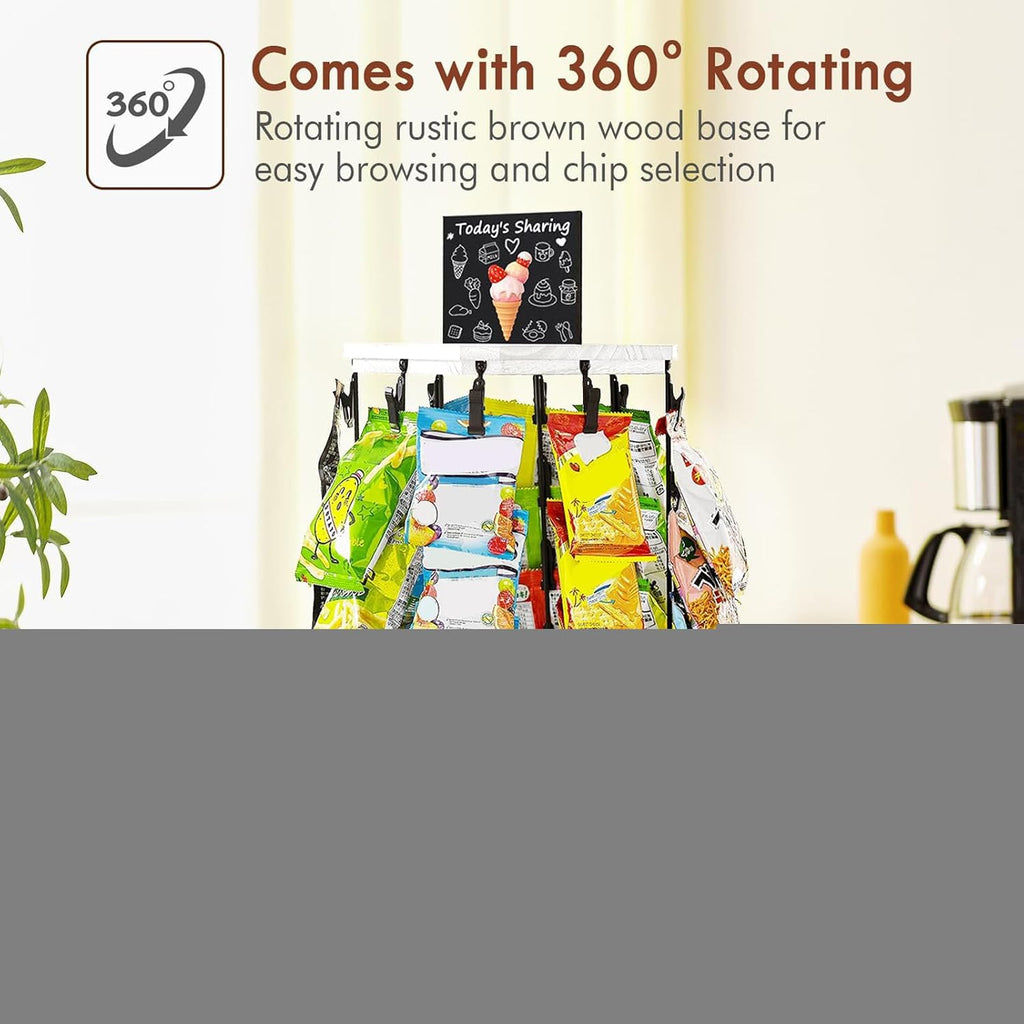  Présentoir à Chips - Support À Chips Organisateur Avec Porte-Étiquettes - Support Tournant 360° Avec Tableau D'Affichage, Base En Bois Organisateur De Stockage Alimentaire Pour Bonbons Et Maison