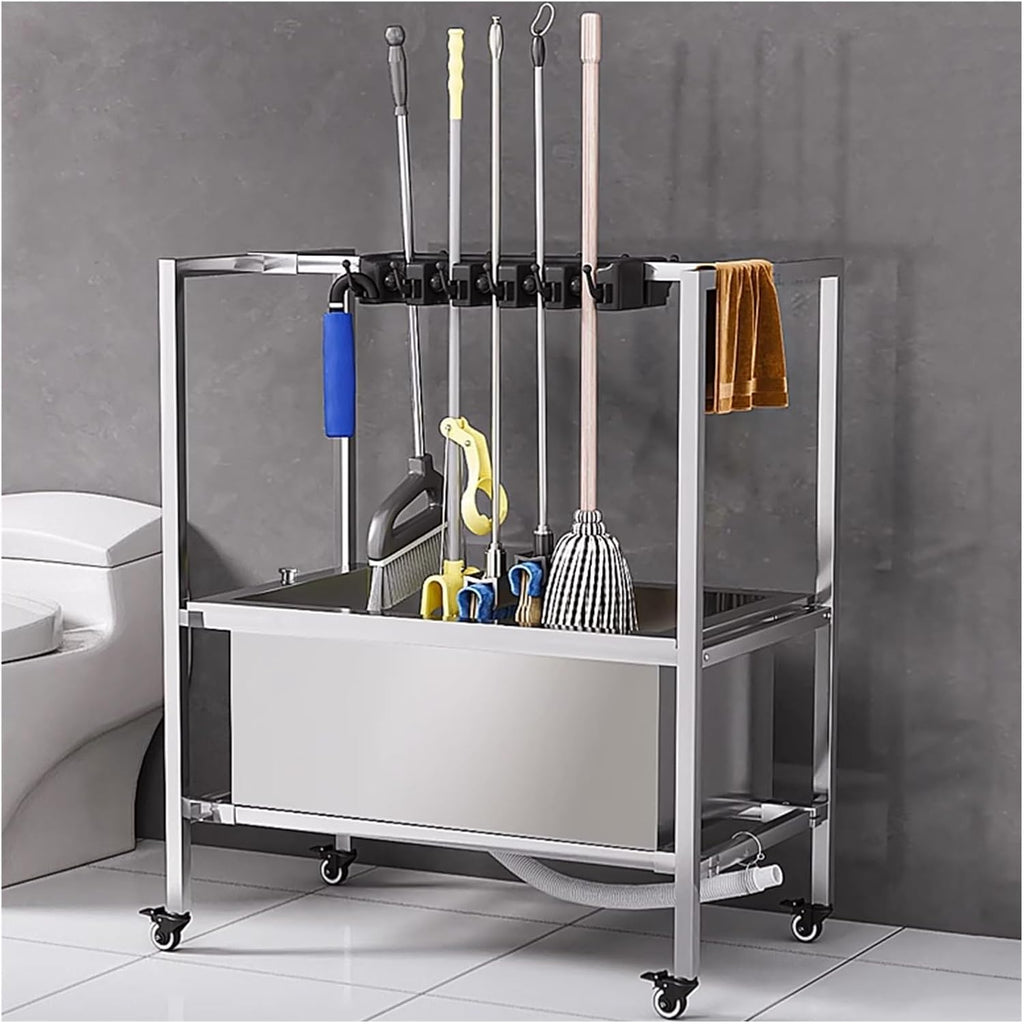 GENERIC Support Pour Balai Et Chariot à Outils De Nettoyage Avec 10 Emplacements, Support De Rangement Mobile Pour Parapluie, Accoudoirs Et Bouton De Vidange, Idéal Pour Un Usage Domestique Et Commercial