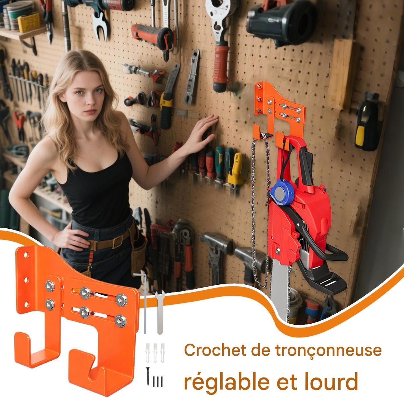 GENERIC Support Pour Tronçonneuse,Organisateur De Rangement À Usage Intensif Monté Au Mur,Organisateur De Tronçonneuse Pour Garage Avec Deux Crochets - Pour Les Accessoires Des Outils À Chaîne Destinés Au Jar
