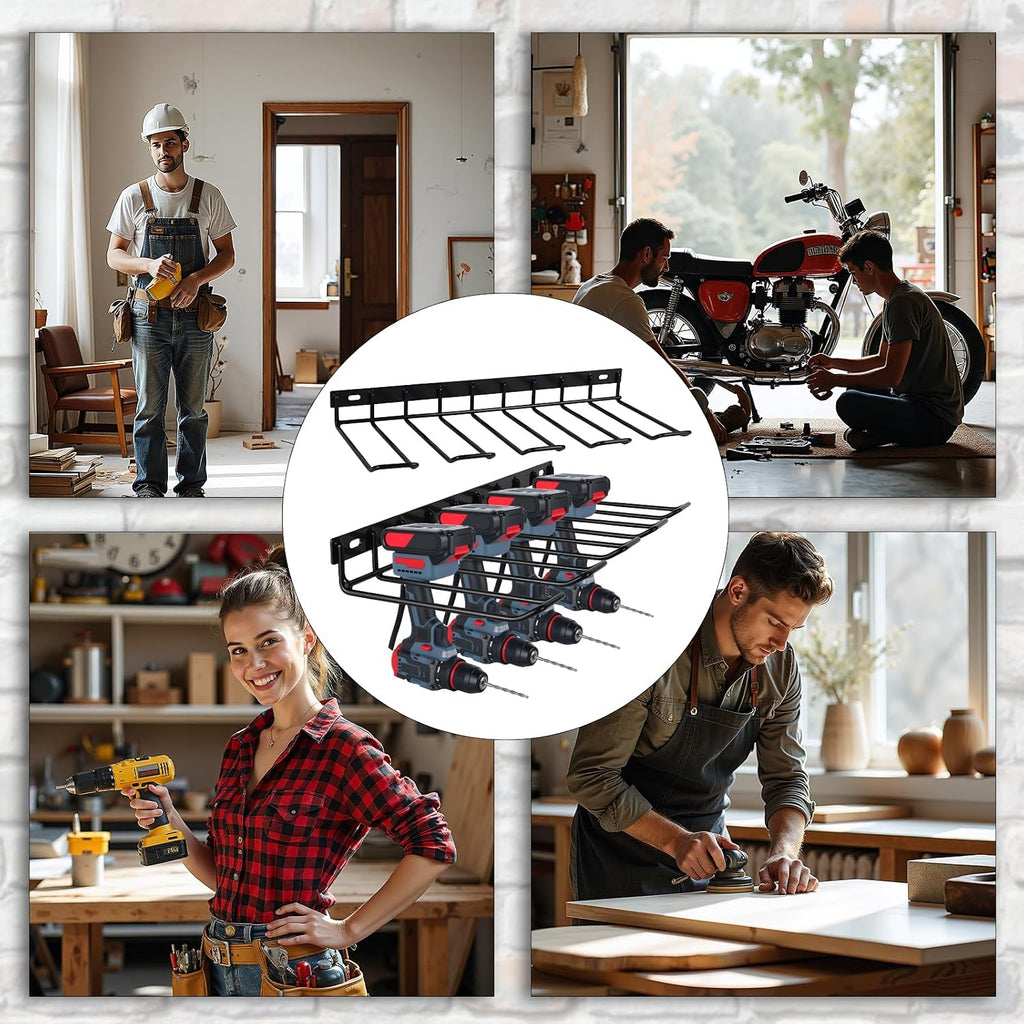  WellMade Lot De 2 Supports Muraux Pour Outils électriques, Porte-perceuse, Support Mural En Acier Noir Pour Garage, Peut Contenir 4 Outils, Capacité De 36,3 Kg, Facile à Installer Avec Vis Et