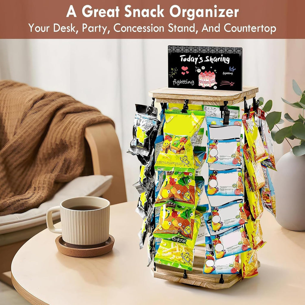  Présentoir à Chips | Organisateur De Snacks Avec Porte-Chips | Support Tournant 360° Avec Tableau D'Affichage, Base En Bois Organisateur De Stockage Alimentaire Pour Bonbons Et Maison Magasin