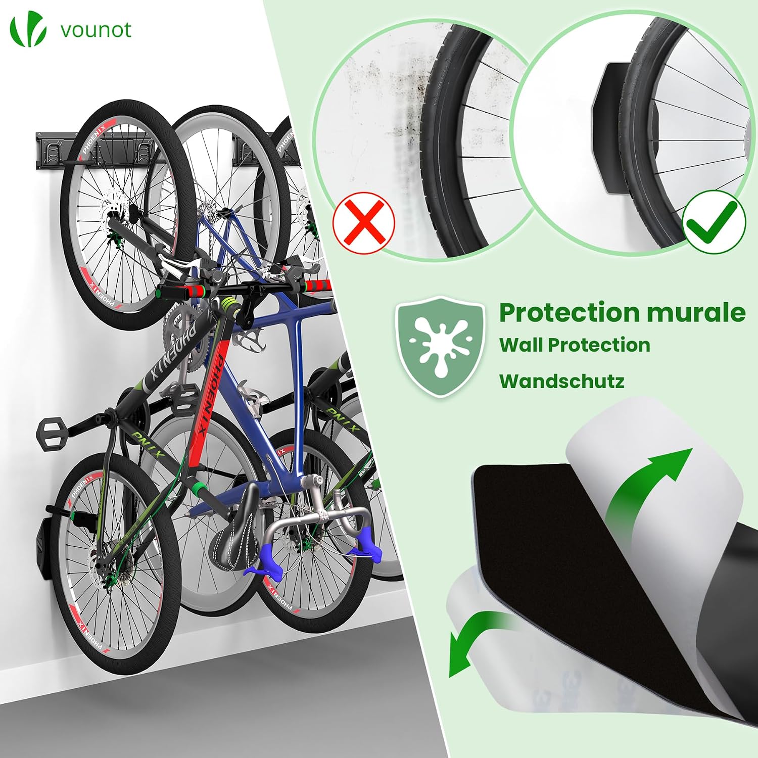  Vounot® Support Vélos Mural En Métal Pour 6 Vélos + 3 Casques Porte De Rangement Avec 6 Coussinets Silicone Anti Taches Crochet Fixation Robuste Pour Garage Cave Noir