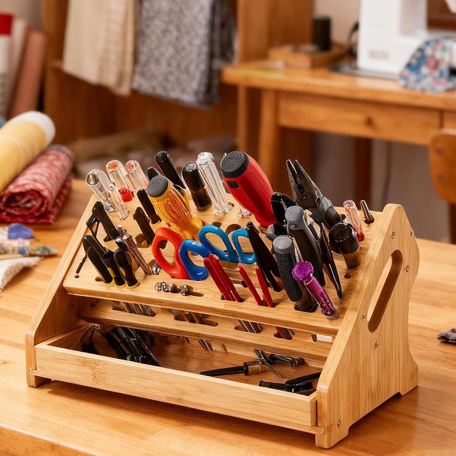  Générique Organisateur De Tournevis - Étagère De Rangement En Bois Avec 53 Trous Et Plateau,Organisateur D'Établi,Pour Bricolage Réparation Établi Bureau Panneau Perforé Garage Intérieur Extérieur