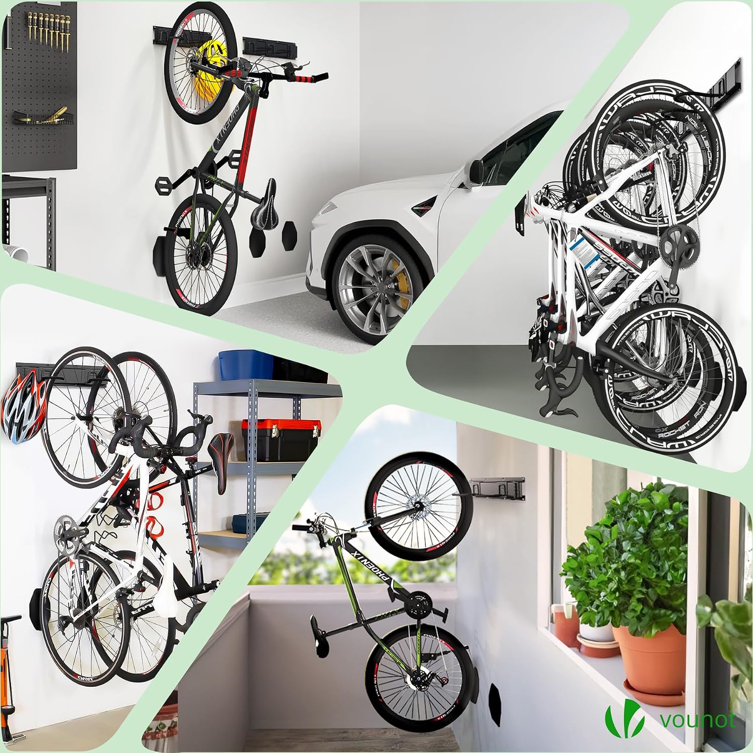  Vounot® Support Vélos Mural En Métal Pour 4 Vélos + 2 Casques Porte De Rangement Avec 4 Coussinets Silicone Anti Taches Crochet Fixation Robuste Pour Garage Cave Noir