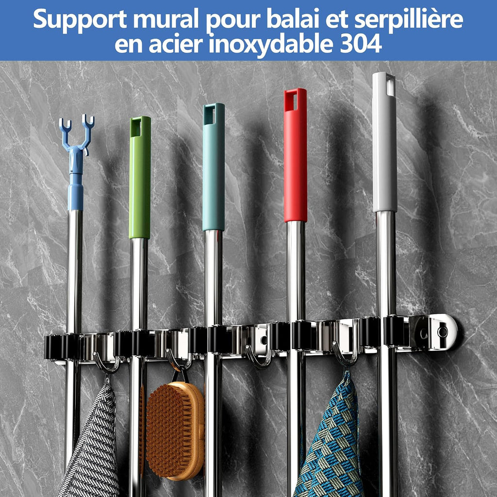  Accroche Balai Mural, Support Balai Pour Balais Avec 5 Supports Et 4 Crochets à Clouer Avec Percage Ou Adhésif San Percage Pour La Cuisine, Le Garage, Le Jardin, Argent